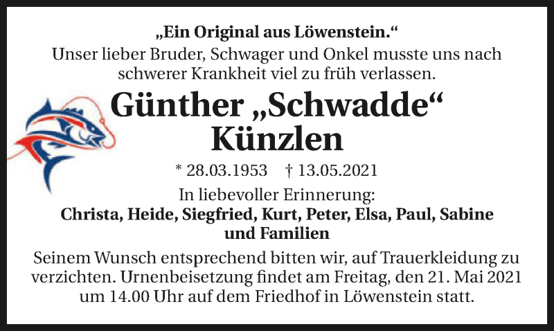  Traueranzeige für Günther Künzlen vom 20.05.2021 aus GESAMT