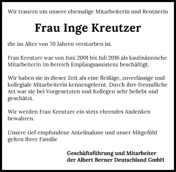 Traueranzeige von Inge Kreutzer von GESAMT