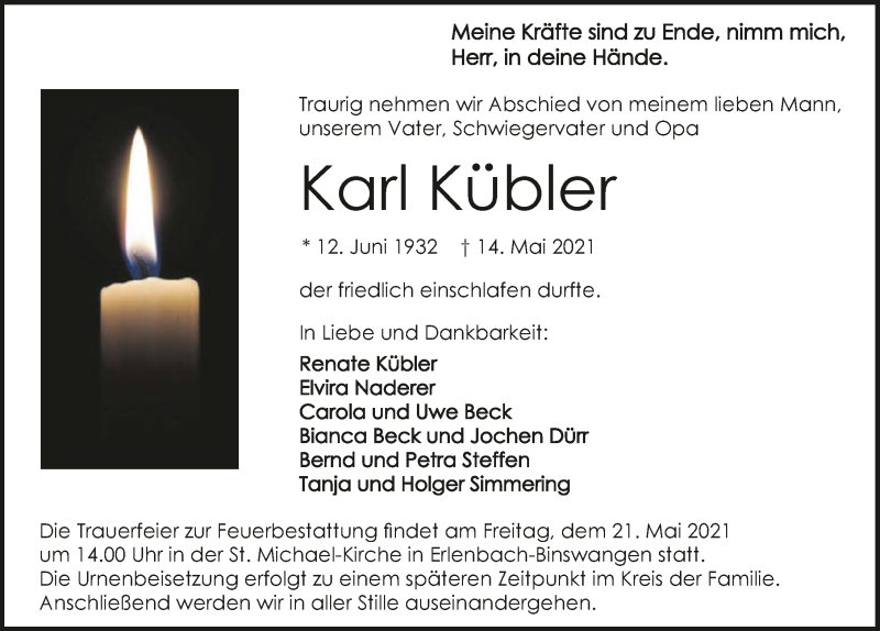  Traueranzeige für Karl Kübler vom 19.05.2021 aus GESAMT