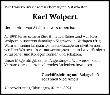 Traueranzeige von Karl Wolpert von GESAMT