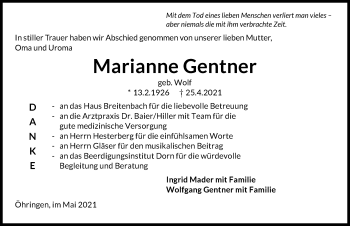 Traueranzeige von Marianne Gentner von GESAMT