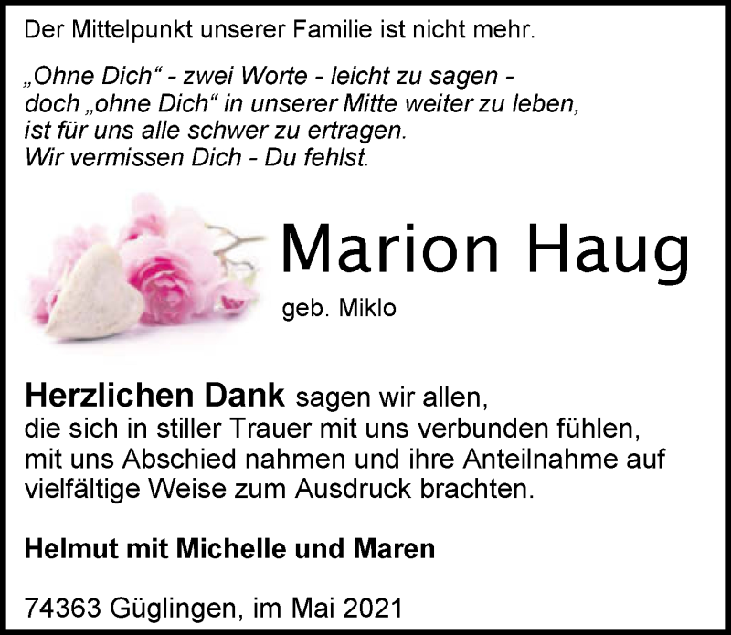  Traueranzeige für Marion Haug vom 15.05.2021 aus GESAMT
