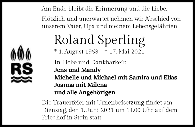  Traueranzeige für Roland Sperling vom 26.05.2021 aus GESAMT