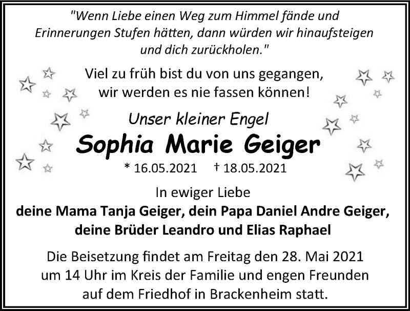  Traueranzeige für Sophia Marie Geiger vom 26.05.2021 aus GESAMT