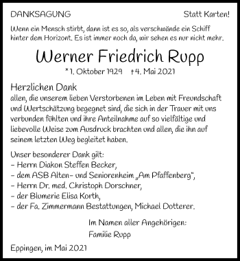 Traueranzeige von Werner Friedrich Rupp von GESAMT