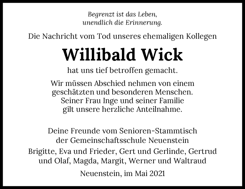  Traueranzeige für Willibald Wick vom 26.05.2021 aus GESAMT