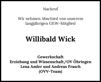 Traueranzeige von Willibald Wick von GESAMT