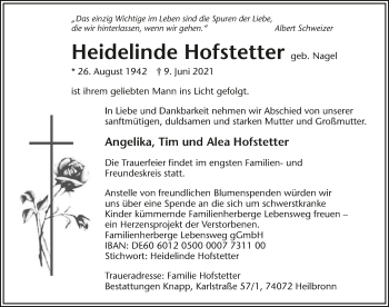 Traueranzeige von Heidelinde Hofstetter von GESAMT