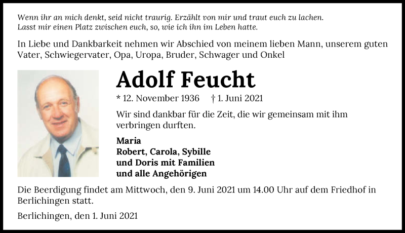  Traueranzeige für Adolf Feucht vom 05.06.2021 aus GESAMT