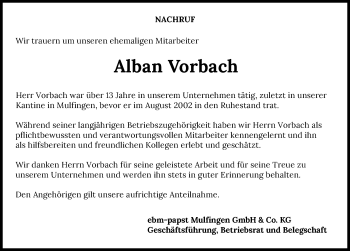 Traueranzeige von Alban Vorbach von GESAMT