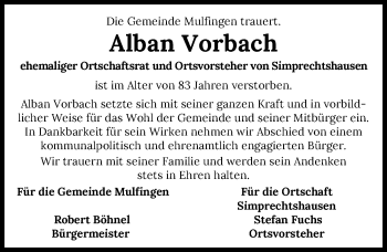 Traueranzeige von Alban Vorbach von GESAMT