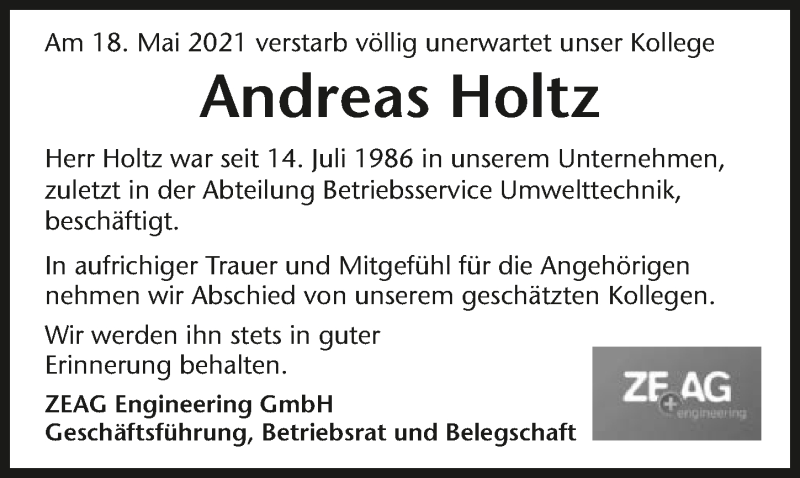 Traueranzeige für Andreas Holtz vom 10.06.2021 aus GESAMT