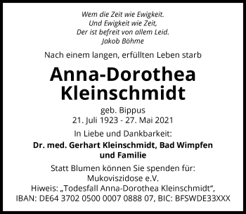 Traueranzeige von Anna-Dorothea Kleinschmidt von GESAMT