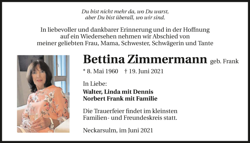  Traueranzeige für Bettina Zimmermann vom 26.06.2021 aus GESAMT