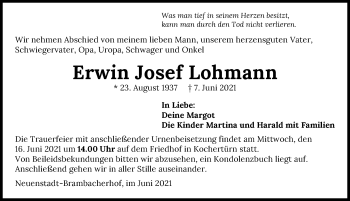 Traueranzeige von Erwin Josef Lohmann