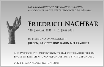 Traueranzeige von Friedrich Nachbar von GESAMT