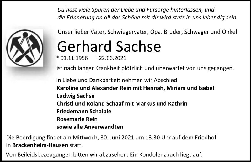  Traueranzeige für Gerhard Sachse vom 26.06.2021 aus GESAMT