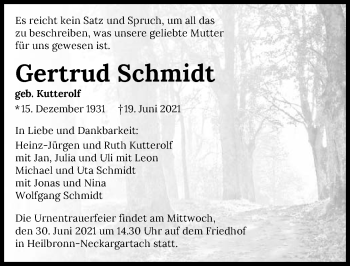 Traueranzeige von Gertrud Schmidt von GESAMT