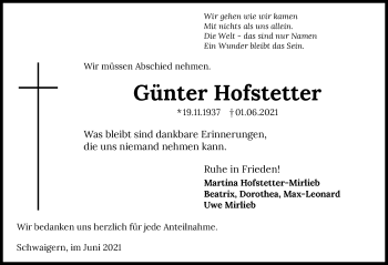 Traueranzeige von Günter Hofstetter von GESAMT