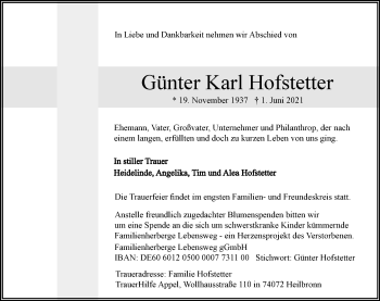 Traueranzeige von Günter Karl Hofstetter von GESAMT