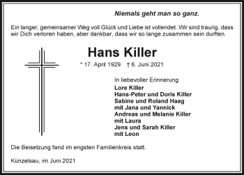 Traueranzeige von Hans Killer von GESAMT