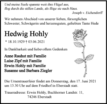 Traueranzeige von Hedwig Hohly von GESAMT