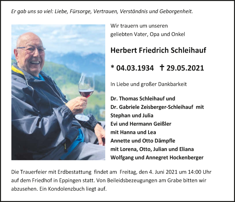  Traueranzeige für Herbert Friedrich Schleihauf vom 02.06.2021 aus GESAMT