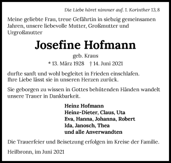 Traueranzeige von Josefine Hofmann von GESAMT