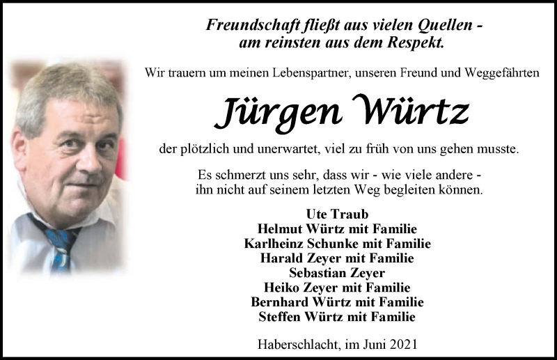  Traueranzeige für Jürgen Würtz vom 05.06.2021 aus GESAMT