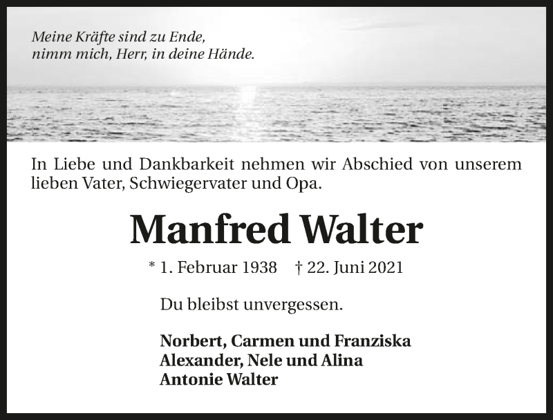  Traueranzeige für Manfred Walter vom 26.06.2021 aus GESAMT