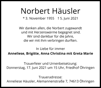 Traueranzeige von Norbert Häusler von GESAMT