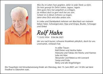 Traueranzeige von Rolf Hahn von GESAMT