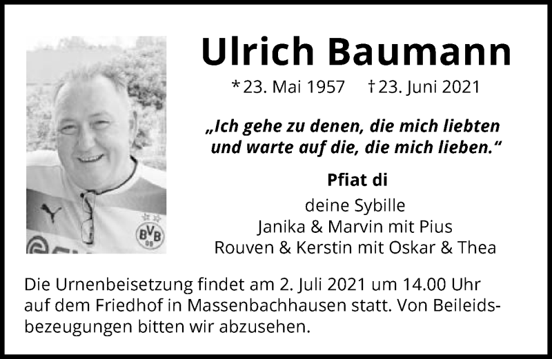  Traueranzeige für Ulrich Baumann vom 26.06.2021 aus GESAMT