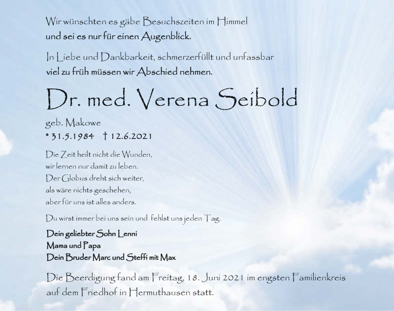  Traueranzeige für Verena Seibold vom 19.06.2021 aus GESAMT
