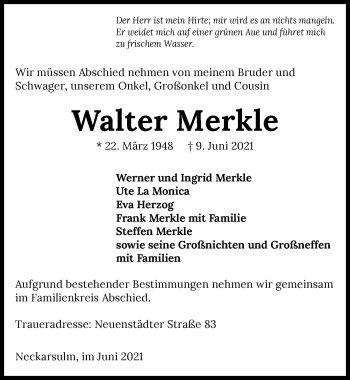 Traueranzeige von Walter Merkle von GESAMT