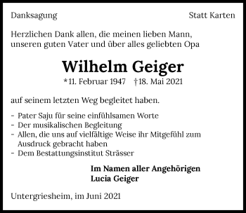Traueranzeige von Wilhelm Geiger von GESAMT