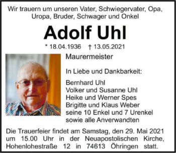 Traueranzeige von Adolf Uhl von GESAMT