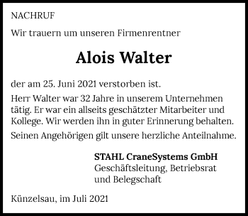 Traueranzeige von Alois Walter von GESAMT