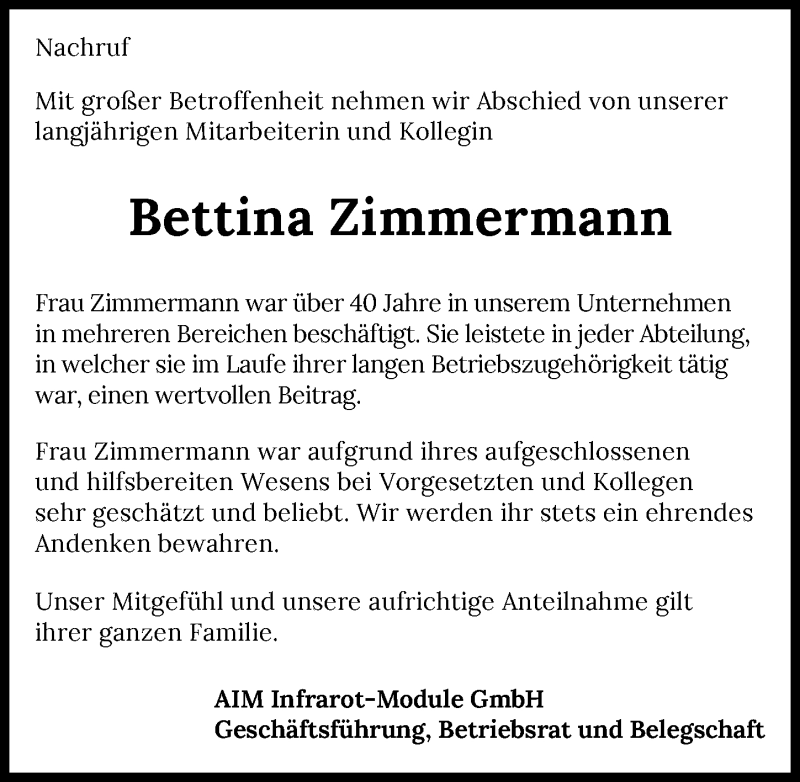  Traueranzeige für Bettina Zimmermann vom 10.07.2021 aus GESAMT