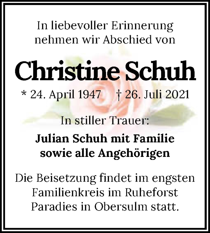  Traueranzeige für Christine Schuh vom 31.07.2021 aus GESAMT