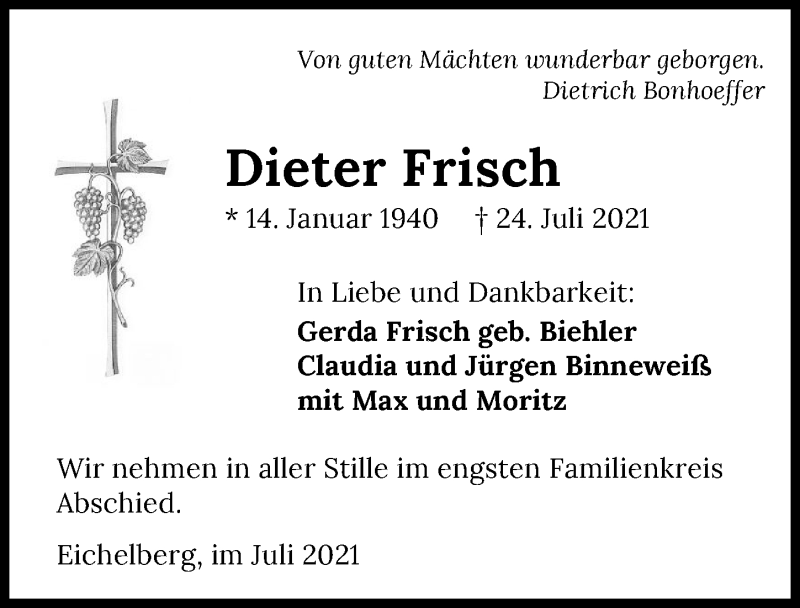  Traueranzeige für Dieter Frisch vom 27.07.2021 aus GESAMT