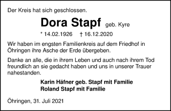 Traueranzeige von Dora Stapf von GESAMT