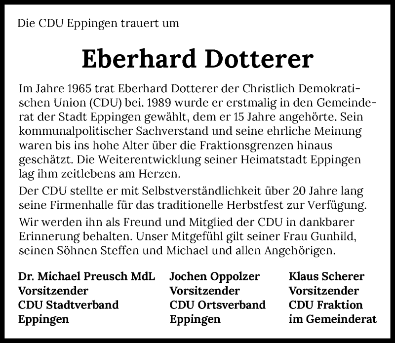  Traueranzeige für Eberhard Dotterer vom 20.07.2021 aus GESAMT