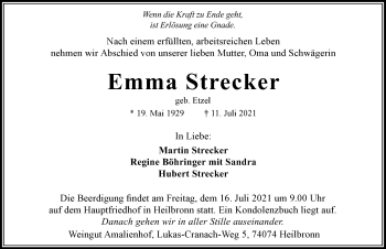 Traueranzeige von Emma Strecker von GESAMT