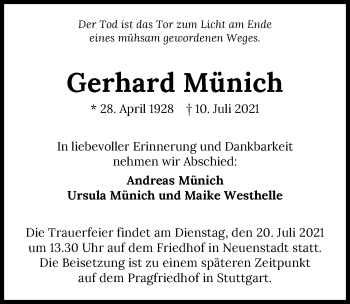 Traueranzeige von Gerhard Münich von GESAMT