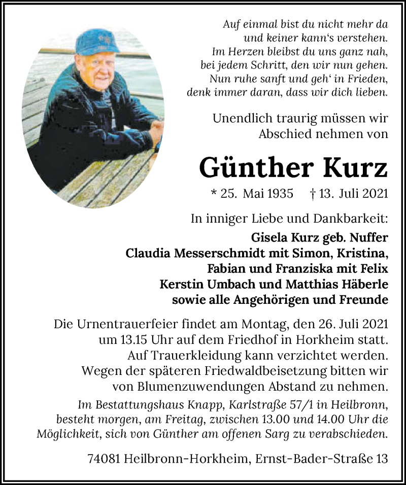  Traueranzeige für Günther Kurz vom 15.07.2021 aus GESAMT