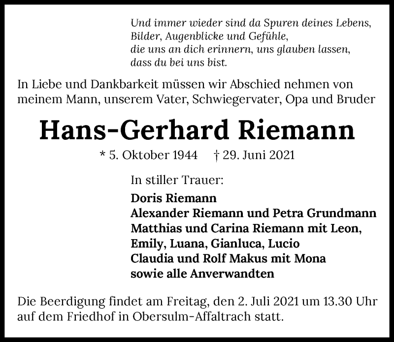  Traueranzeige für Hans-Gerhard Riemann vom 30.06.2021 aus GESAMT