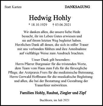 Traueranzeige von Hedwig Hohly von GESAMT