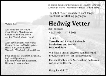 Traueranzeige von Hedwig Vetter von GESAMT