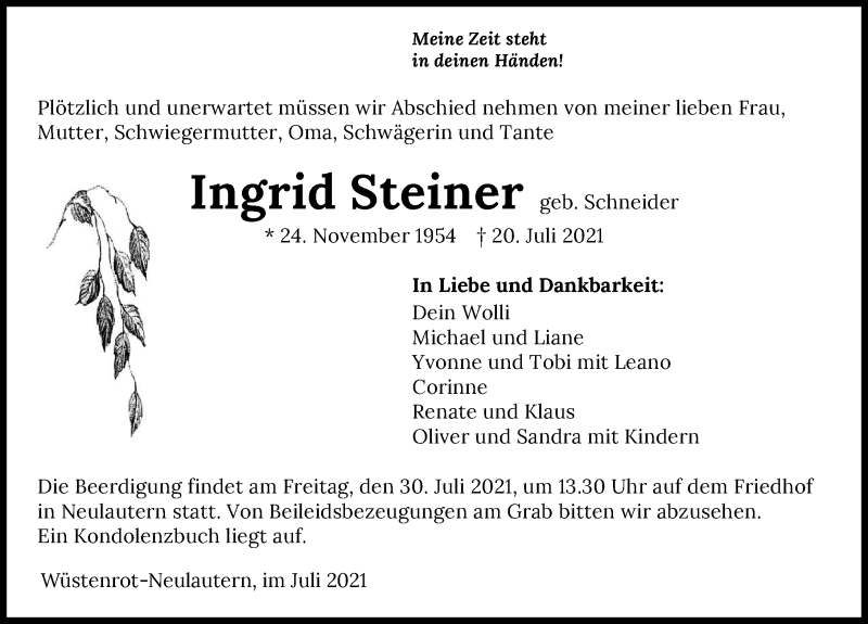  Traueranzeige für Ingrid Steiner vom 28.07.2021 aus GESAMT